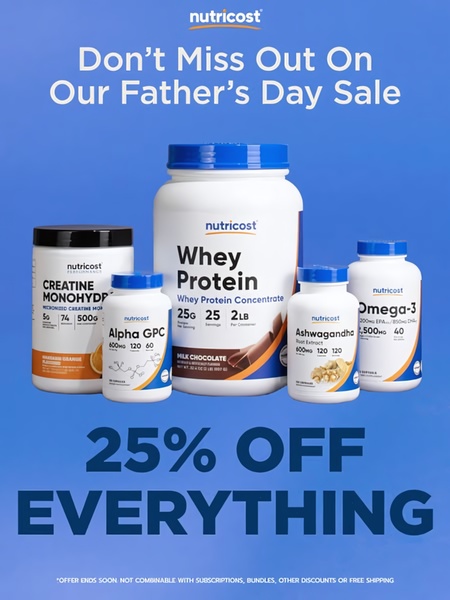A clean, high-contrast promotional ad for a supplement brand featuring a curated collection of health products with a bold discount offer.